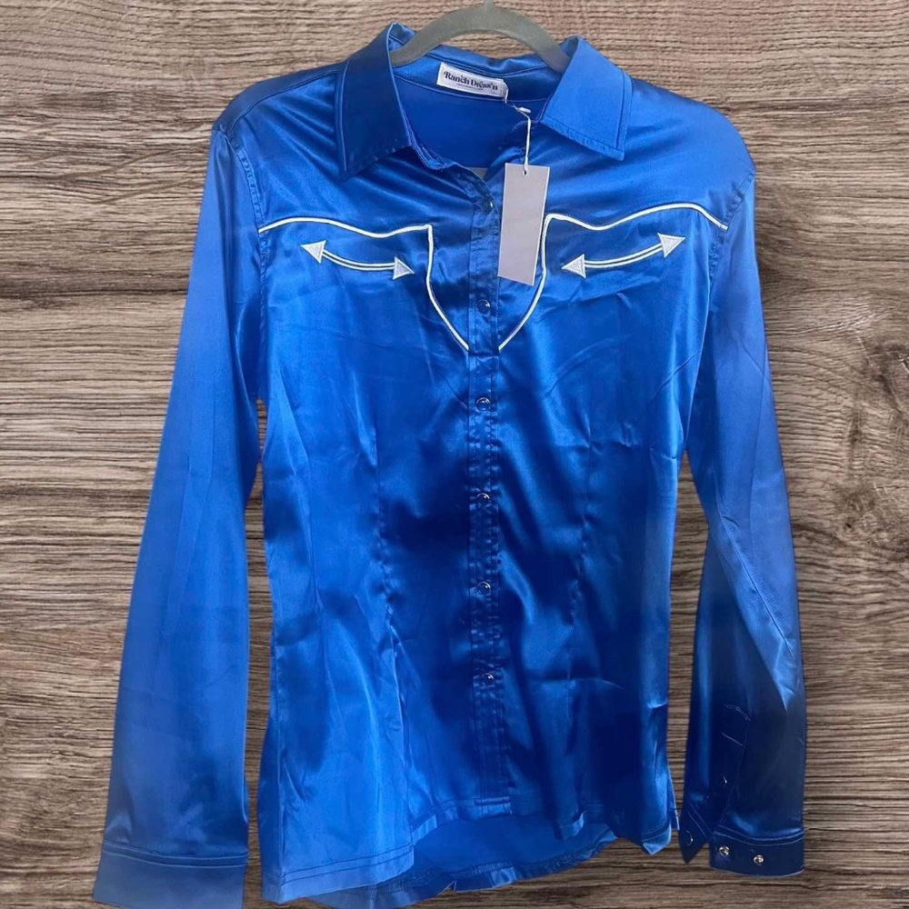 NWT Ranch Dress'n AZURE SATIN PERFORMANCE RODEO SHIRT Size Large